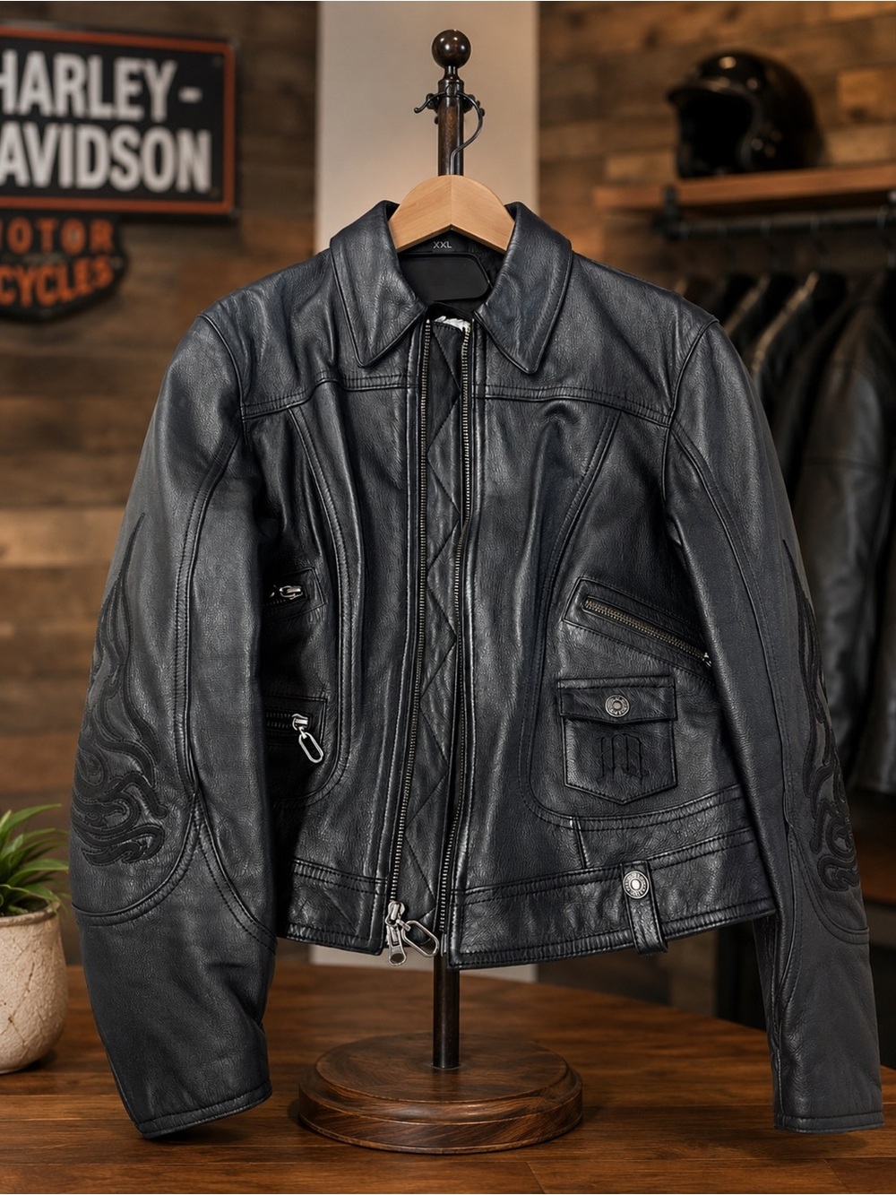 Vntg Harley-Davidson Black Women's Leather Jacket Embroidered Flames 2004 - Med